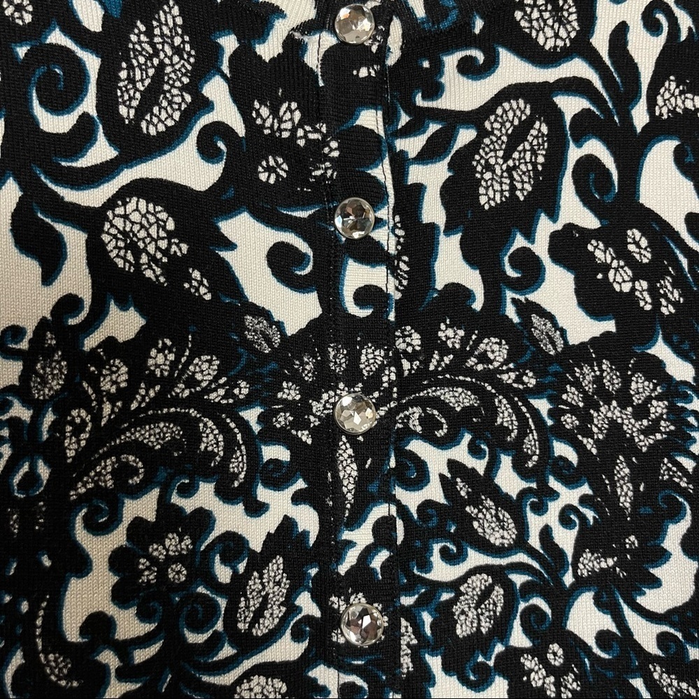 Corporate Goth Black White Damask Cardigan Sweater Crystal Buttons M